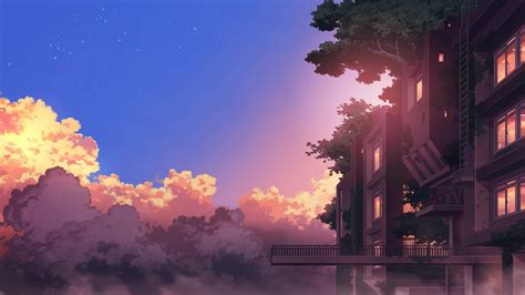 Anime Landscape Building Sunset Clouds Scenic Anime Landscape