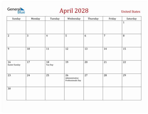 April 2028 United States Monthly Calendar With Holidays