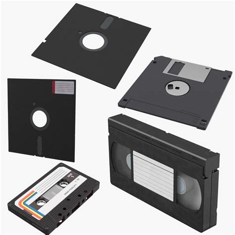 Floppy Disks Cassette Tape And Vhs Cassette 3d Model Ad Cassettedisksfloppymodel Vhs