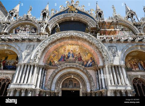 Facade Of The Basilica Piazza San Marco Venice Veneto Italy Stock