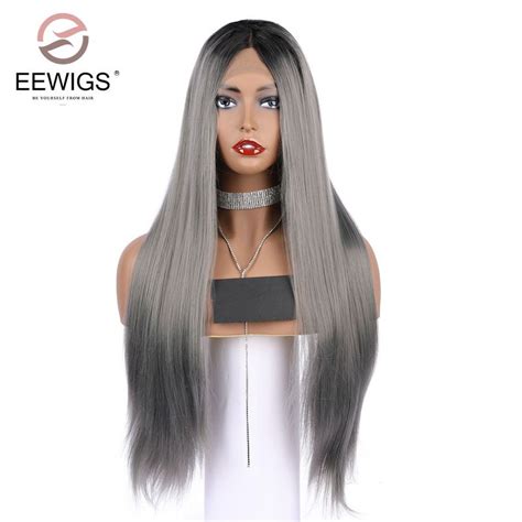 Synthetic Lace Front Wig Natural Long Silky Straight Wigs Black Root
