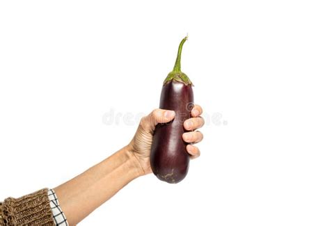 Woman S Hand Holds Eggplant Isolated On White Stock Image Image Of