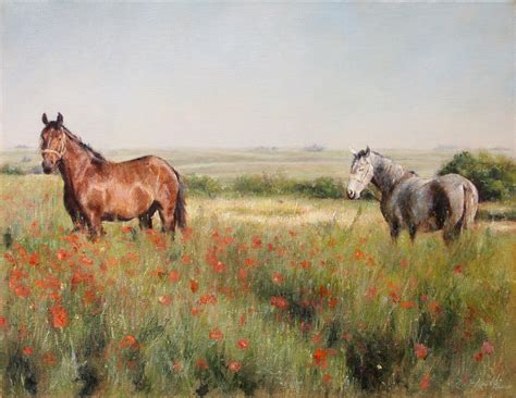 Horses In A Poppy Field Landscape Animals Oil Painting Fine Arts
