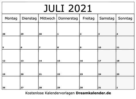 Kalender Juli 2021