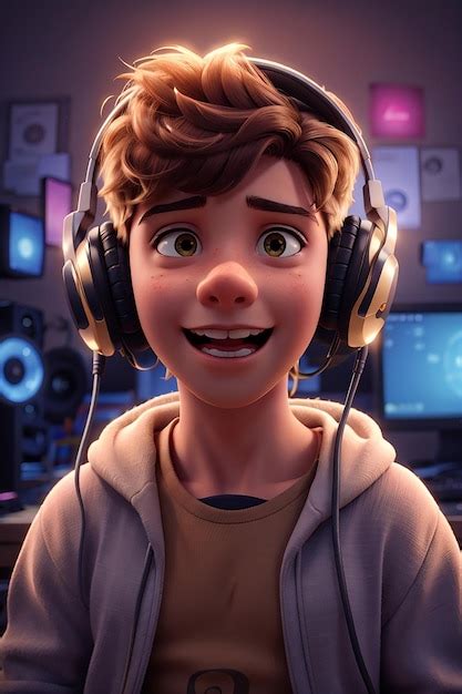 Premium Ai Image Young Boy Hearing Music On Computer 3d Character