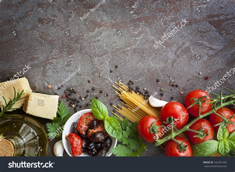 Italian Food Background With Vine Tomatoes Basil Spaghetti