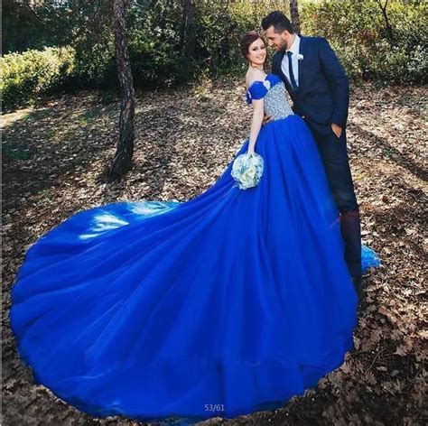 Gorgeous Royal Blue Tulle Crystals Wedding Dress Off Shoulder A Line