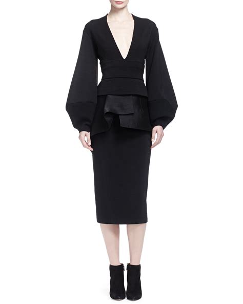 Donna Karan Deep V Neck Lantern Sleeve Dress In Black Lyst