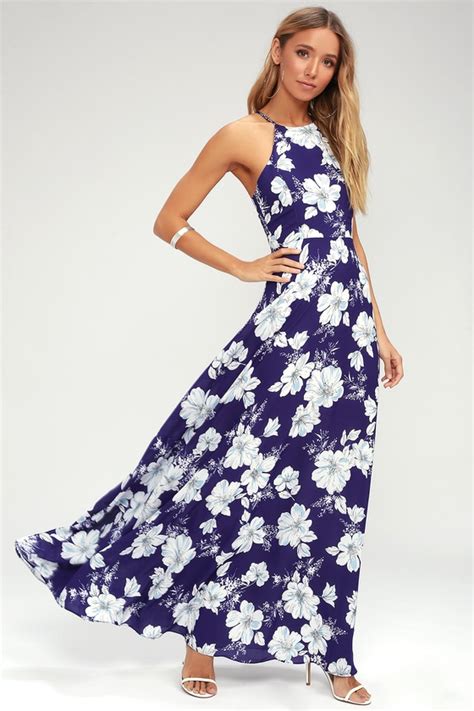 Lovely Royal Blue Floral Print Dress Halter Maxi Dress Lulus
