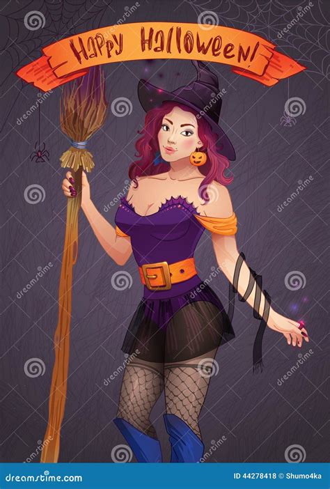 Pretty Witch Halloween Sexy Girl With Broom And Hat Greeting Card