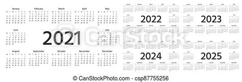 Calendar 2021 2022 2023 2024 2025 Years Vector Illustration Desk
