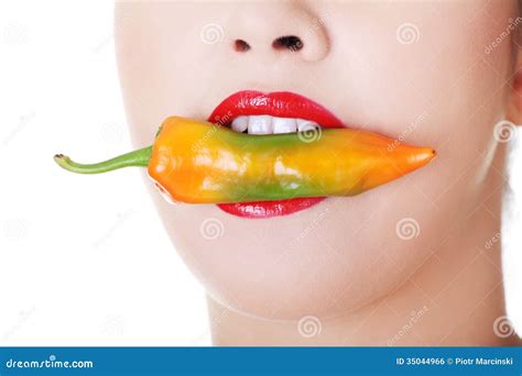 Female Mouth With Chilii Pepper Inside Close Up Stock Photo Image Of