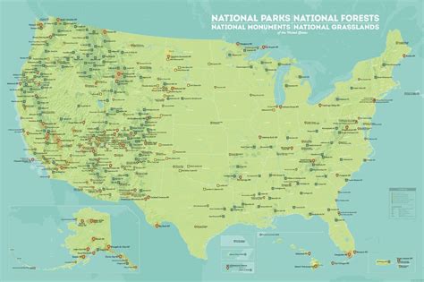 Us National Parks Monuments And Forests Map 24x36 Poster