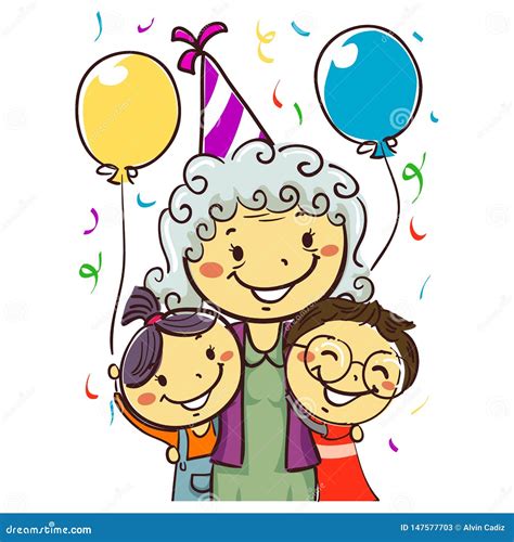 Vector Illustration Of A Grandmother Celebrating Her Birthday With Kids