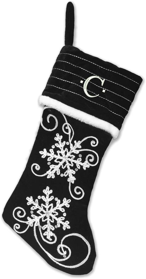 Monogrammed Christmas Stocking Black Sequined And Corded Snowflake