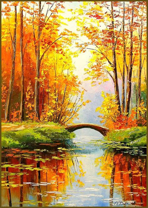 Bridge In Autumn Forest Painting Impressionism Botany Landscape