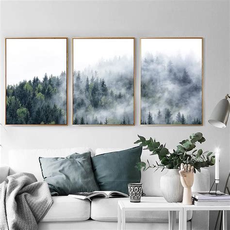 Misty Forest Mountain Canvas Painting Fog Picture Wild Tree Landscape