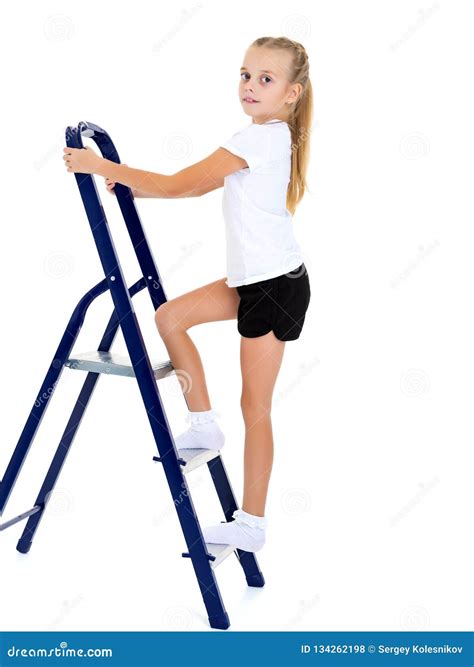 A Little Girl Climbs The Ladder Stock Photo Image Of Caucasian Cute