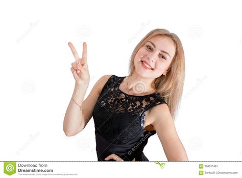 Smiling Young Woman Showing Peace Hand Sign Stock Image Image Of