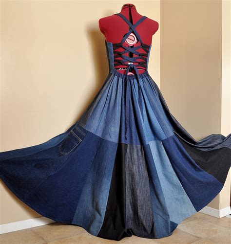 New Blue Bloom Long Patchwork Denim Dress Ooak Bohemian Etsy