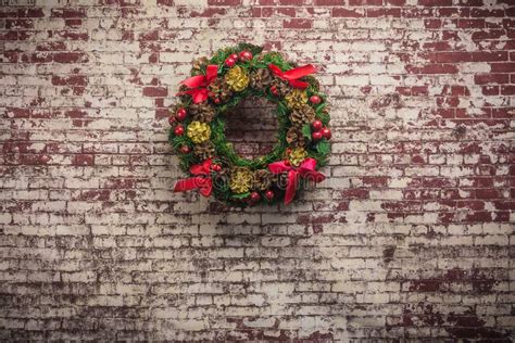 Christmas Wreath On Brick Wall Background Stock Image Image Of