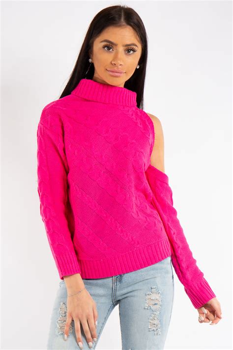 Kylee Neon Pink One Shoulder Cable Knit Jumper