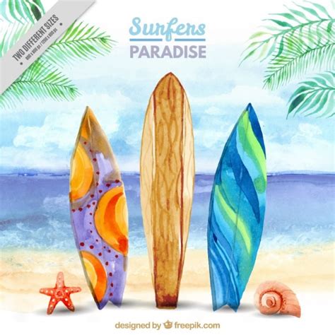 Surf Landscape On The Beach Background In Watercolor Effect Vector