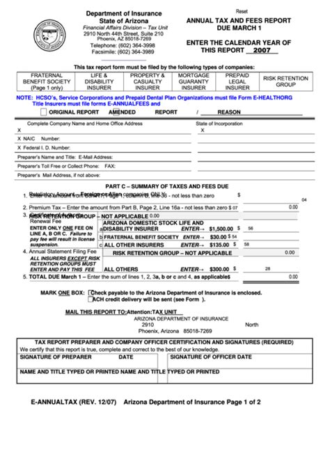 Start your free online quote and save $610! Fillable Annual Tax And Fees Report Form - Arizona Department Of Insurance printable pdf download