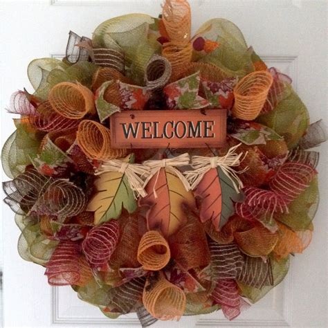 Fall Leaves Welcome Wreath Handmade Deco Mesh Etsy Diy Fall Wreath
