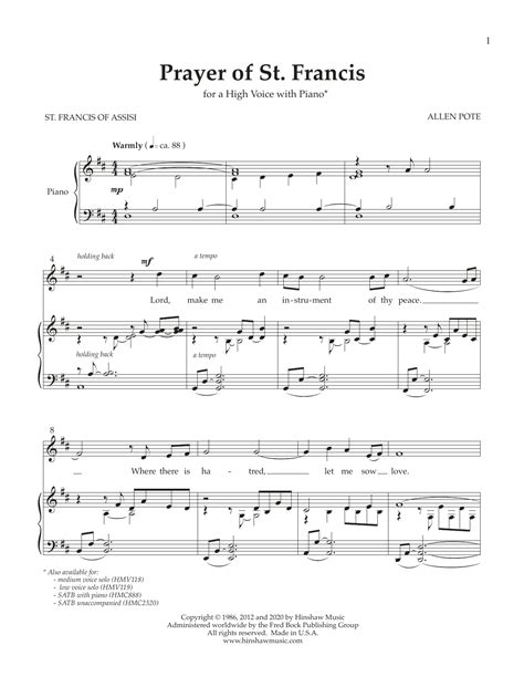 I've come to love this form of prayer. Prayer of St. Francis (High Voice) Sheet Music | Allen Pote | Piano & Vocal