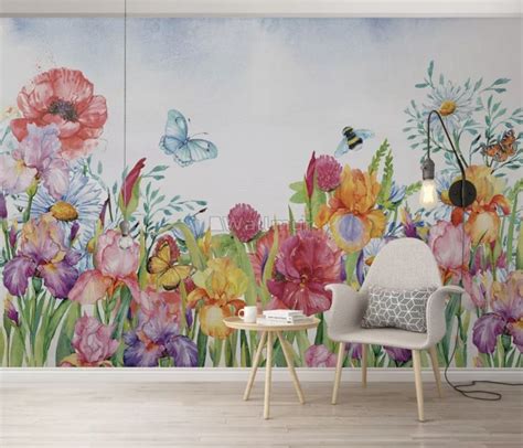 Watercolor Garden Floral Wallpaper Mural Poppy Wall Art Boho Wall
