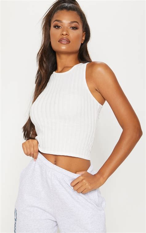 White Ribbed Racerback Cropped Vest Tops Prettylittlething Aus