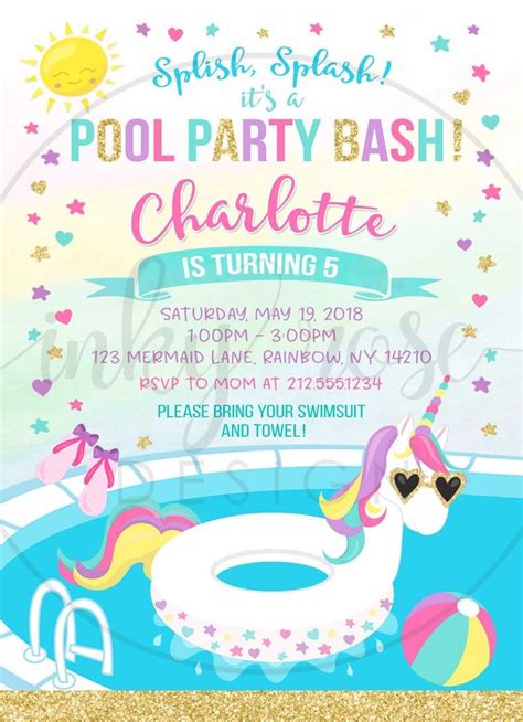 Unicorn Pool Party Invitation Printable Unicorn Pool Party Etsy Unicorn Pool Party Pool