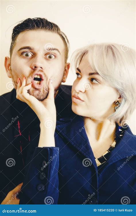 Boss Domination At Work Harassment Of Male Employeer By Business Woman Vertical Image Stock
