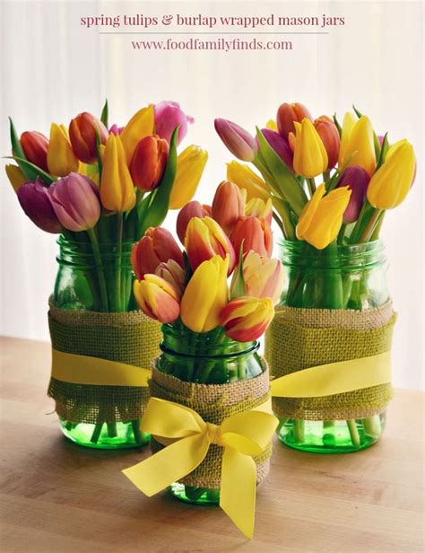 Simply Spring With Burlap Wrapped Ball Green Mason Jars Tulip Vases