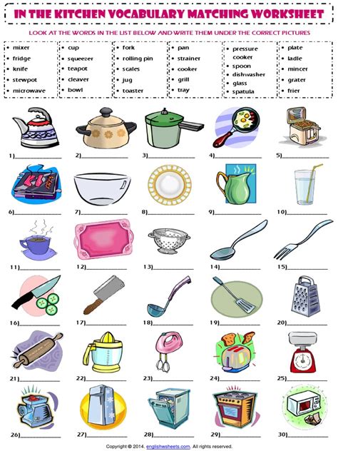 Kitchen Utensils Esl Vocabulary Matching Exercise Worksheetpdf