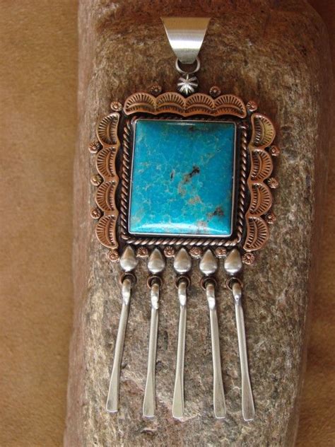 Native American Jewelry Stamped Copper Turquoise Pendant Handmade