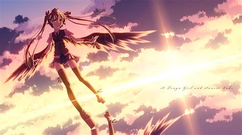 Wallpaper Sunlight Sunset Anime Girls Short Hair Sky Wings