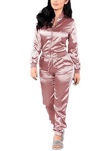 Womens Two Piece Satin Track Suit Side Trim Pink