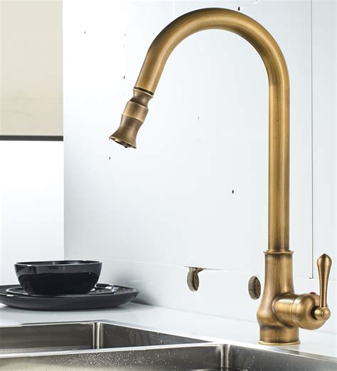 Antique Vintage Look Brushed Brass Kitchen Faucet With Pull Out And