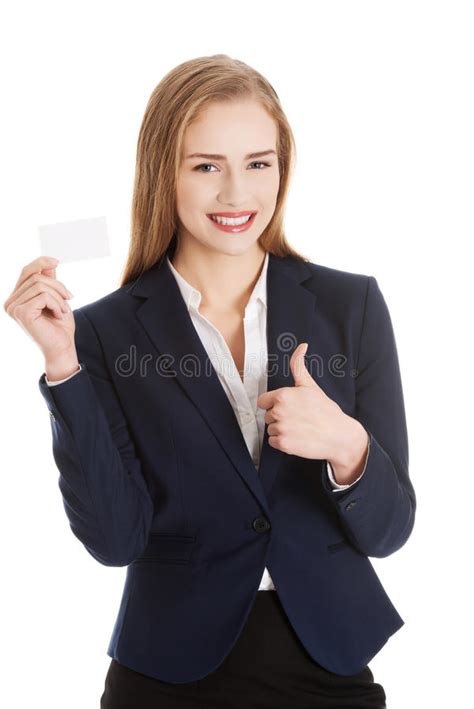 Beautiful Caucasian Business Woman Holding Personal Card. Stock Photo ...