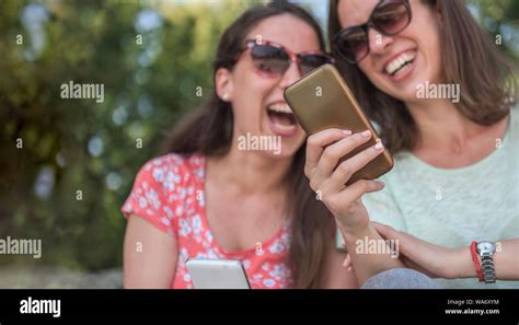 Two Girls Surprise Social Media Unexpected Youth Millennial Friendship Media Concept Addiction