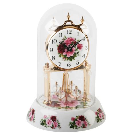 Glass Anniversary Clocks Pink Roses Porcelain Revolving Pendulum Mantel