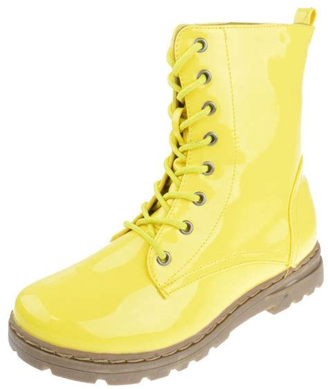 Gwen 01 Hi Womens Patent Milatary Lace Up Combat Boots Yellow