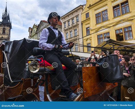 Eventful And Dangerous Carriage Ride Through The Crowded Streets Of Prague Editorial Photo