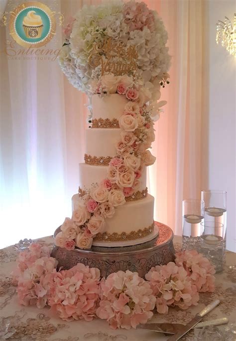 White Blush And Gold Wedding Cake