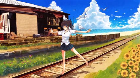 Wallpaper Birds Anime Girls Vehicle Train Railway Manga Blue