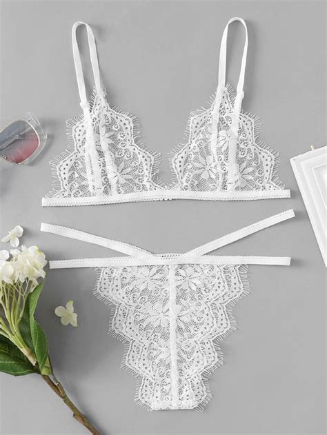 Shein Eyelash Lace Strappy Bra And Panty Lingerie Set White Lace Lingerie Pretty Lingerie