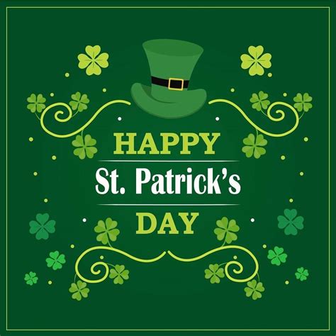 Happy Saint Patrick Day Greeting With Shamrock Leaf And Hats On Green