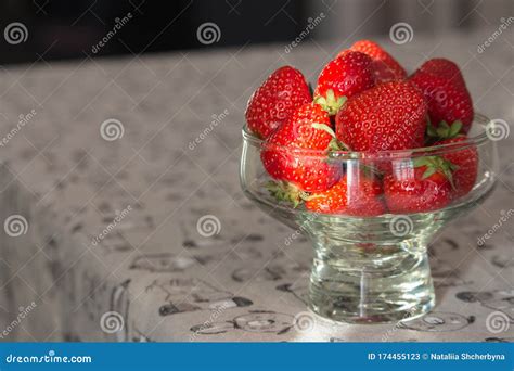 Fresh Strawberries In Glass Bowl Ripe Strawberry Closeup Sweet Summer Harvest Juicy Dessert